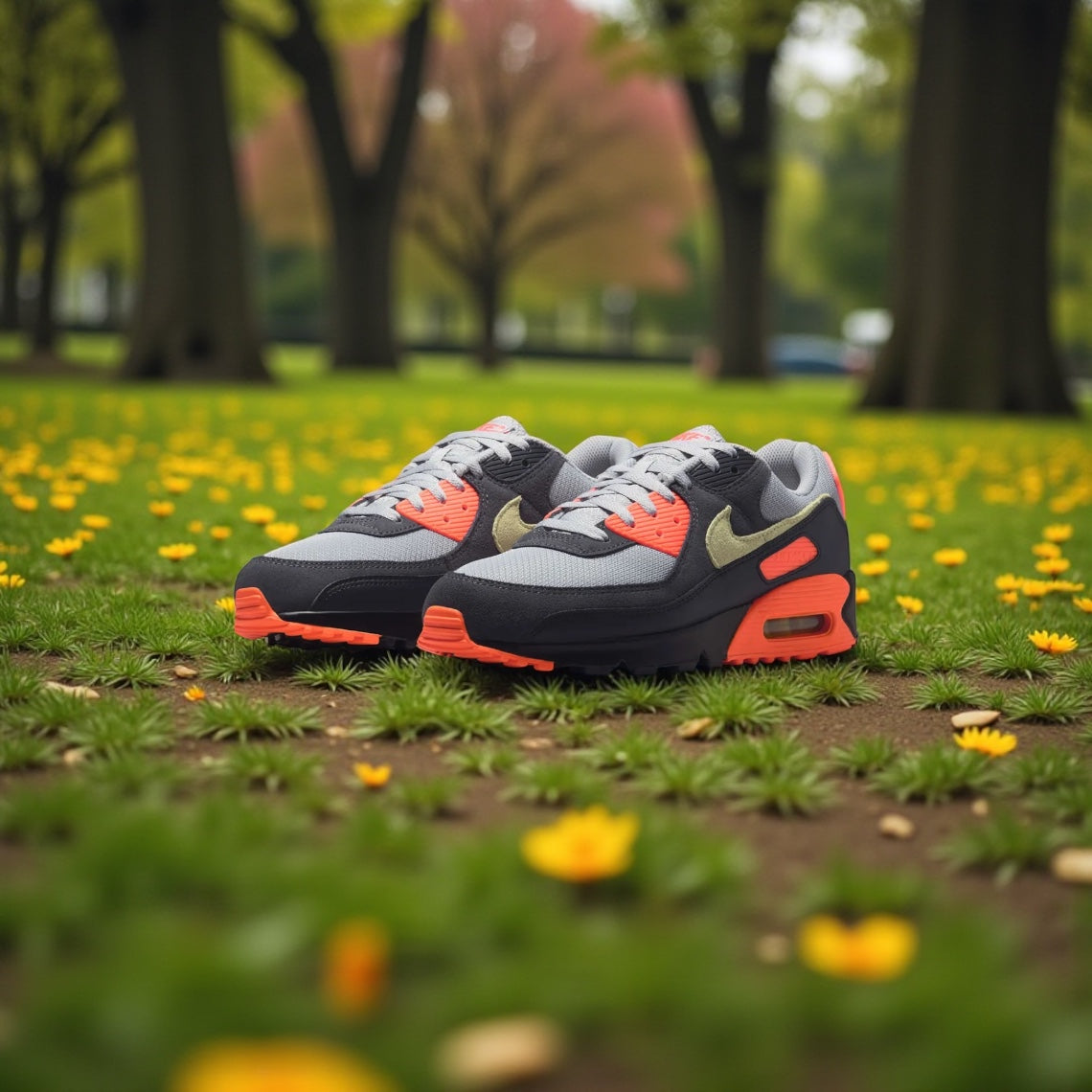 NIKE AIR MAX 90 "LT SMOKE GREY/LIMELIGHT-HYPER CRIMSON"